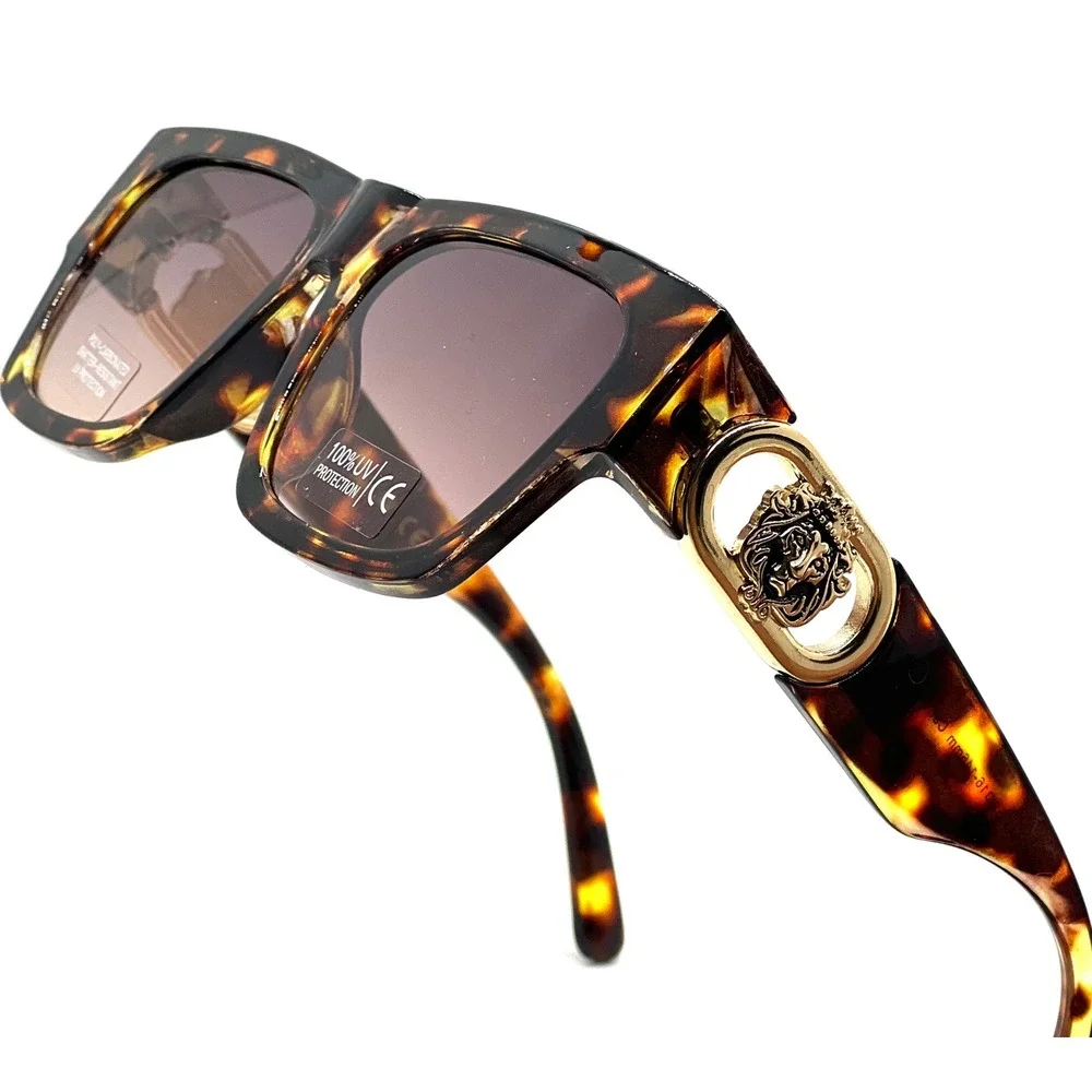 Mens Tortoiseshell Square Sunglasses Classic Gold UV Protection Thick Frame 2025
